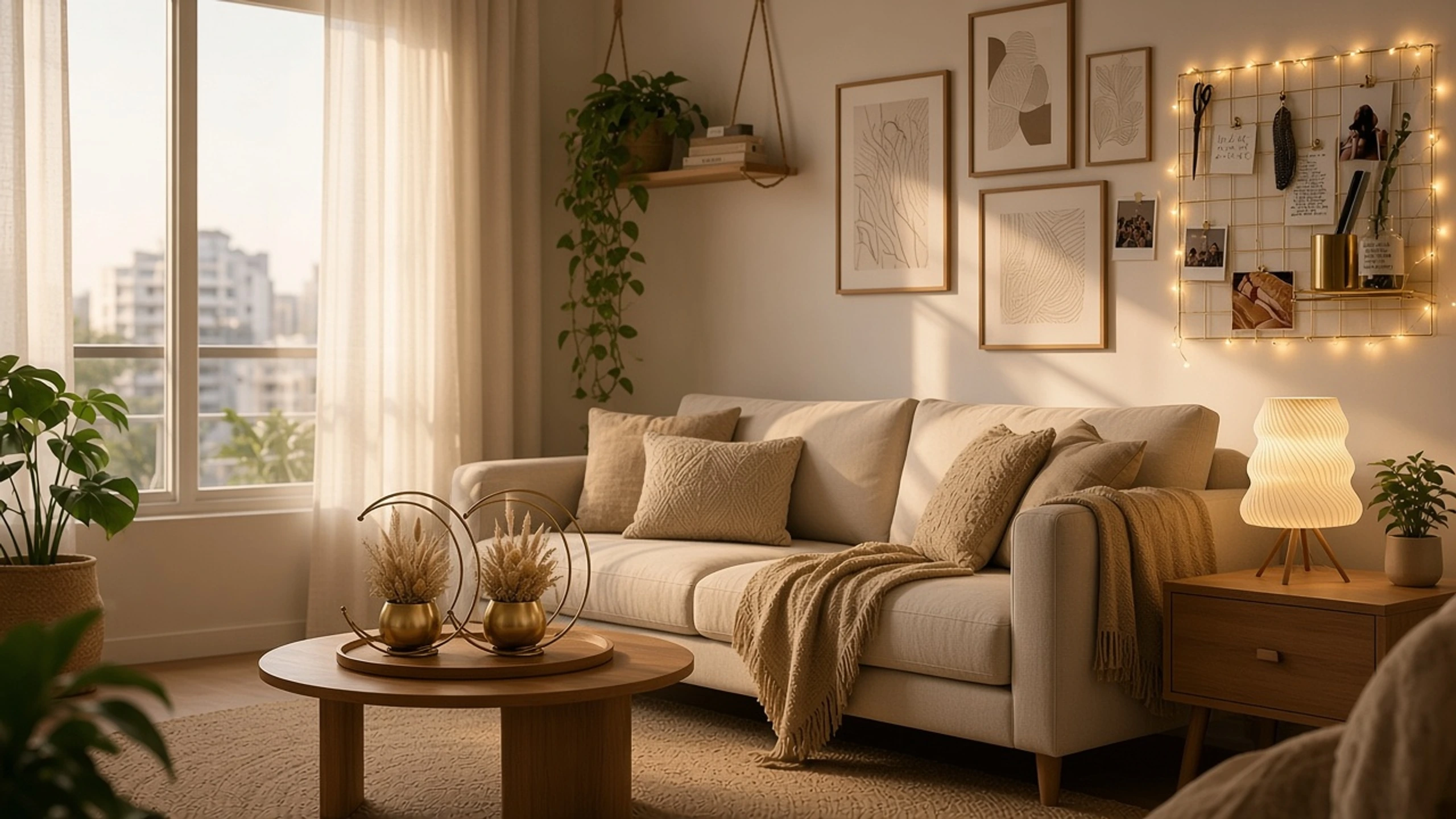 Sunlit living room styled with wall art, warm lamp light, plants and decor